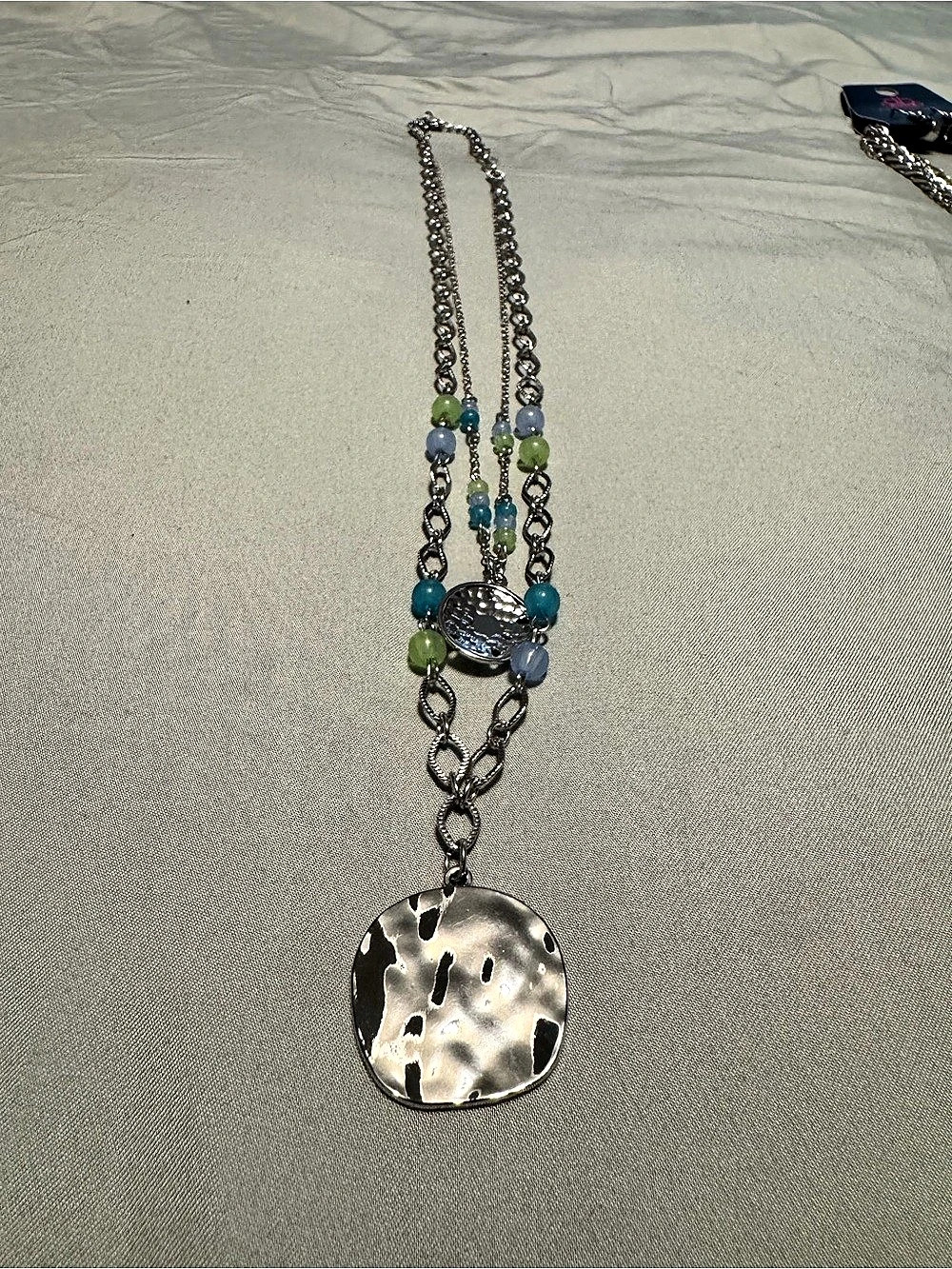 Layered Silver Tone Blue Green Beaded Statement Necklace